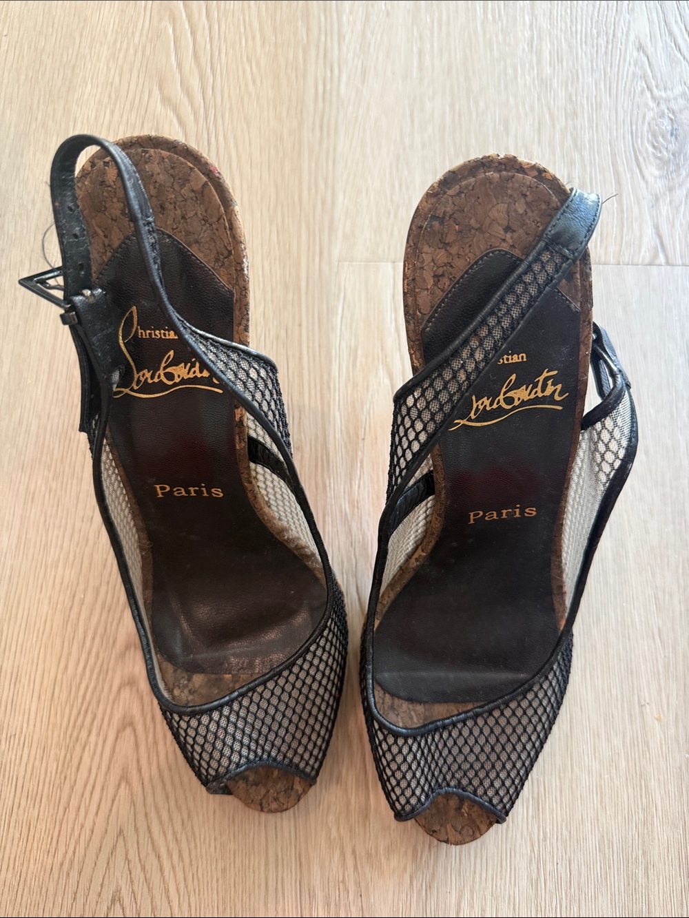 Christian Louboutin Black Mesh Peep-Toe Slingback Heels